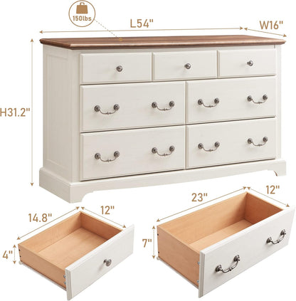 T4TREAM 7 Drawers Dresser Chests for Bedroom, Wood Vintage Chests of Drawers, Rustic Dressers Chset Organizer for Bedroom, Living Room, Hallway, Antique White