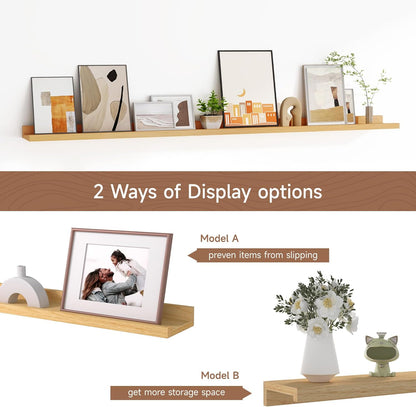 Floating Picture Ledge Shelves for Wall Set of 2, 55 Inches Picture Shelf with Ledge, Nursery Book Shelf for Toys Storage Kids Bookshelf Wall Mounted Living Room Bedroom Decor Frames, Oak