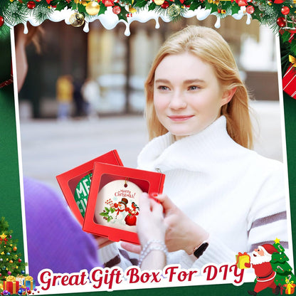 25 Pcs Sublimation Ornament Blanks Box 3.6"x3.6"x0.7" Christmas Ornaments Holder Ceramic Discs Packaging Box with Window for Personalized Xmas Tree Blanks Bulk (Red)