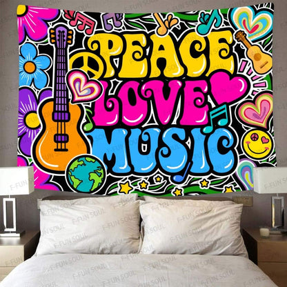 F-FUN SOUL Peace Love and Music Tapestry, 80x60inches Soft Flannel, Guitar Symbol Dove Flowers Psychedelic Art Tapestries Wall Hanging for Bedroom Living Room Decor Banner