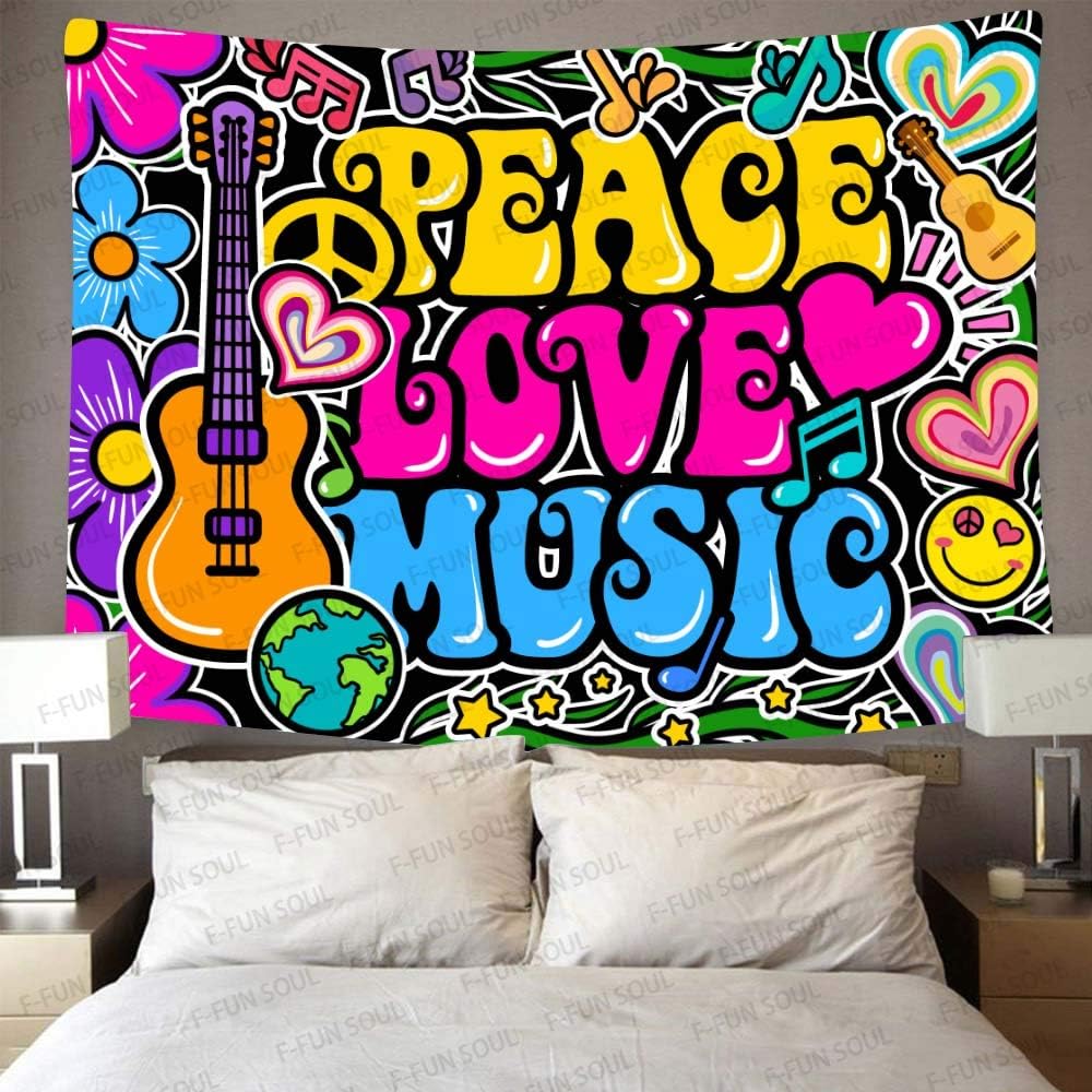 F-FUN SOUL Peace Love and Music Tapestry, 90x84inches Soft Flannel, Guitar Symbol Dove Flowers Psychedelic Art Tapestries Wall Hanging for Bedroom Living Room Decor Banner GTZYFS1204