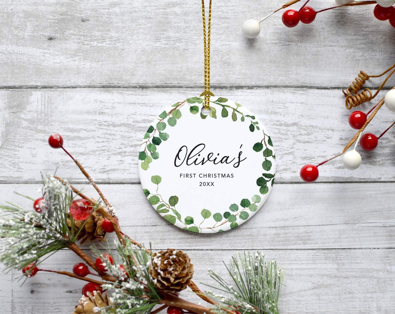 Andaz Press Personalized Round Ceramic Porcelain Christmas Tree Ornament Keepsake Collectible New Baby Gift, Olivia's First Christmas 2025, Farmhouse Eucalyptus Wreath, 1-Packs