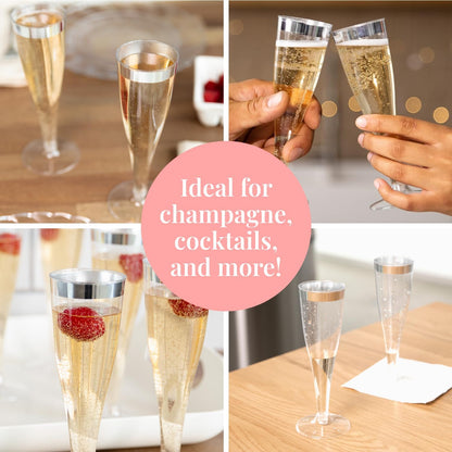 Prestee Set of 24 Silver Glitter Plastic Champagne Flutes - 4.5 oz Capacity - Shatterproof Durable Disposable Glasses - Elegant Design - Ideal for Weddings, Cocktail Parties, and Outdoor Celebrations