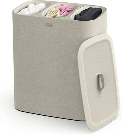 Joseph Joseph Tota Trio 90 liter/23.8 gallon Laundry Hamper Separation Basket with lid, 3 Removable Washing Bags with Handles- Ecru
