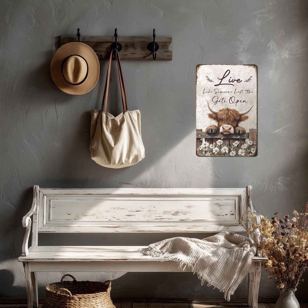 Heuhuww Vintage Highland Cow Decor-Live like Someone Left the Gate Open Tin Sign Farmhouse Wall Art for Home Office Bathroom Highland Cow Gifts 12" x 8"(H17)