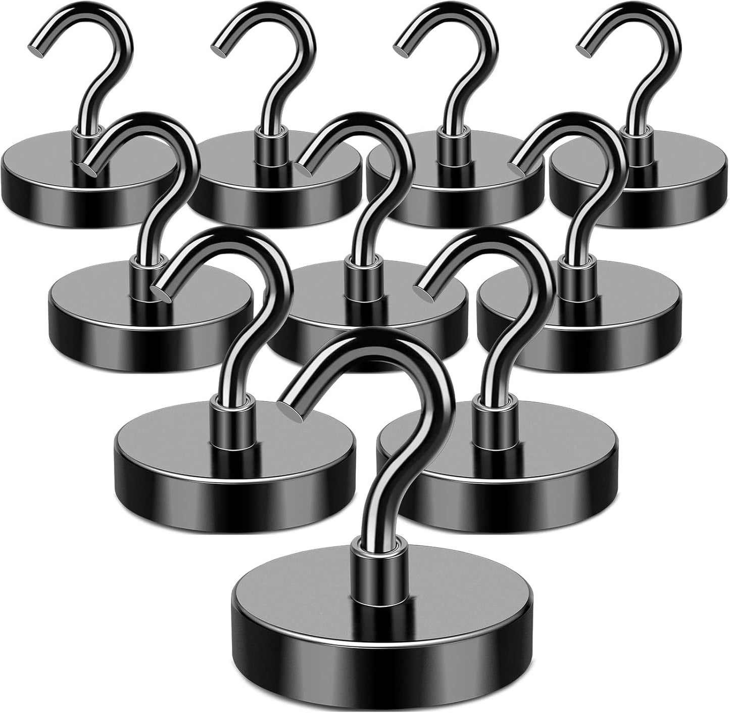 MIKEDE Black Magnetic Hooks Heavy Duty, 150LB+ Strong Neodymium Magnets for Refrigerator, Magnetic Hooks with Epoxy Coating for Hanging, Magnets with Hooks for Cruise, Home, Workplace - 10 Pack