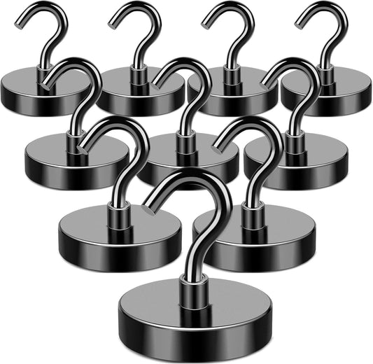 MIKEDE Black Magnetic Hooks Heavy Duty, 150LB+ Strong Neodymium Magnets for Refrigerator, Magnetic Hooks with Epoxy Coating for Hanging, Magnets with Hooks for Cruise, Home, Workplace - 10 Pack