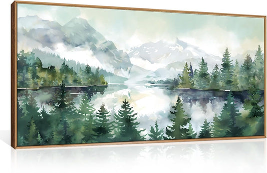 Celestdeco Watercolor Mountain Framed Canvas Wall Art Set, Boho Forest Wall Decor, Nature Green Pines Wall Painting, Forest Wilderness Artwork for Living Room, Bedroom, Dining Room, Office - 20"x40"x1