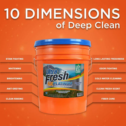 Ultra Fresh 5 Gallon Liquid Laundry Detergent Washing Soap for All Machine Types, 6X Platinum, Up to 640 Loads, Mountain Fresh