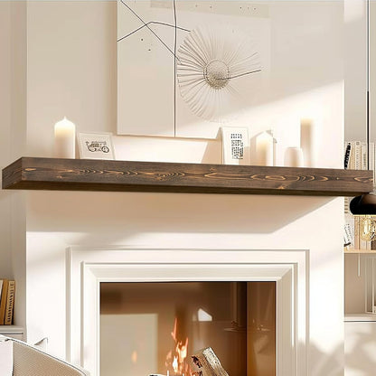 72x8x3 Fireplace Mantel - Handcrafted Hollow Rustic Solid Wood Wall Mounted Floating Shelf with Invisible Heavy Duty Wood Bracket (Weathered Brown)