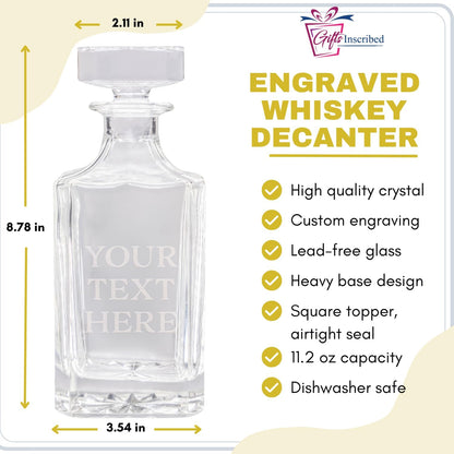 Gifts Inscribed Custom Text Whiskey Decanter & Glasses Set of 2 – Engraved Glass Cups Drinking Glasses Set of 2 – Personalized Whiskey Glasses Drinking Set – Customized Whisky Glassware Gift for Him
