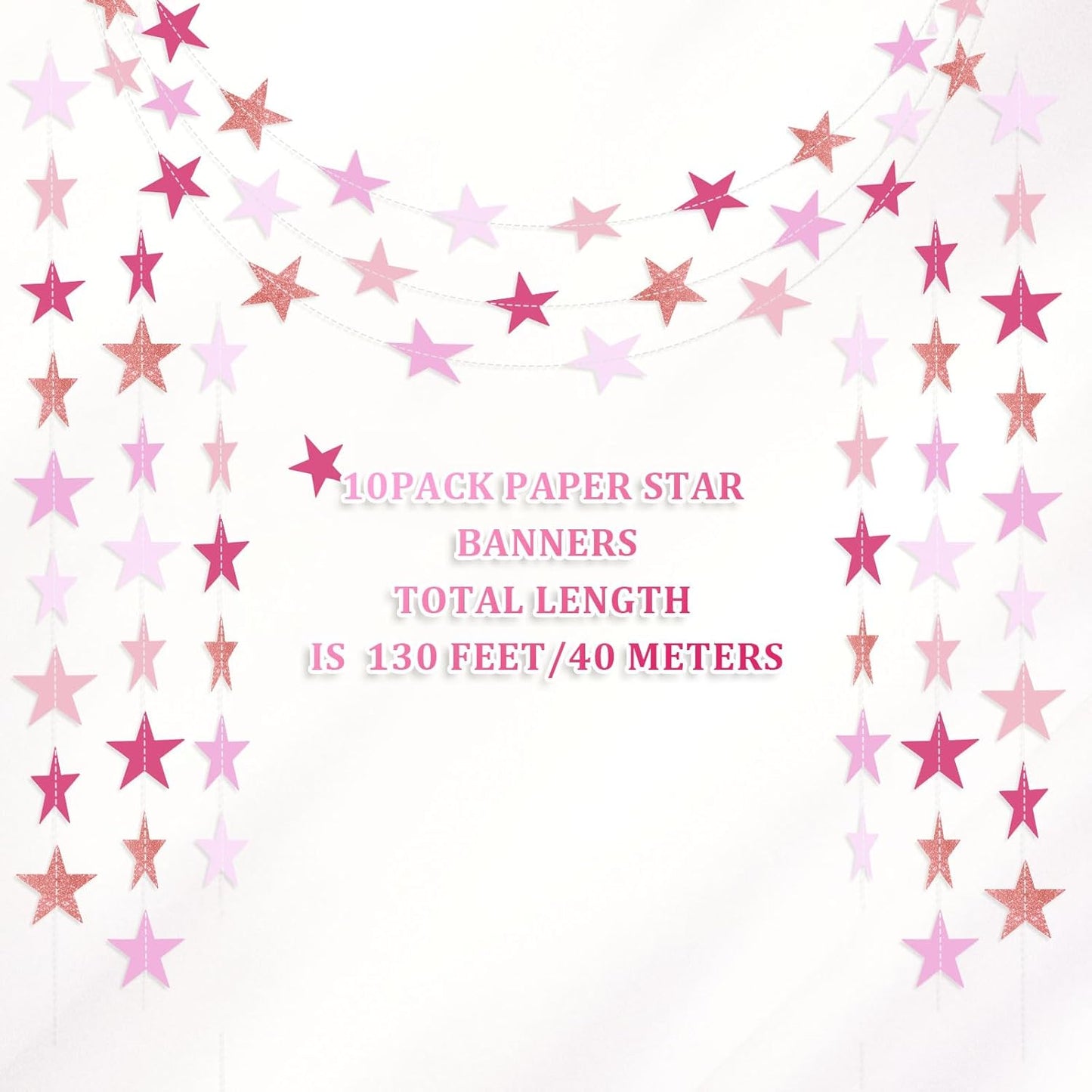 Patelai Glitter Star Garland Banner Decor 130 Feet Star Hanging Bunting Banner Twinkle Backdrop for Homecoming Classroom Wedding Birthday Halloween Christmas Party Supplies(Pink,Purple)