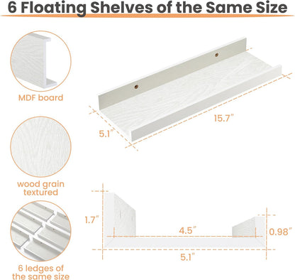 upsimples Floating Shelves for Wall, Wall Shelves for Decor Storage Set of 6, Wall Mounted Wood Shelf for Bedroom, Living Room, Bathroom, Kitchen, Picture Ledge Shelf, White