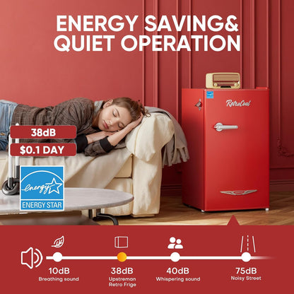 Upstreman 3.2 Cu.Ft Retro Mini Fridge with Bottle Opener, Energy Saving, Adjustable Thermostat, Metal Handle, LED Lamp, Mini Refrigerator for Bedroom, Office, Dorm-BR321 PRO (Red)