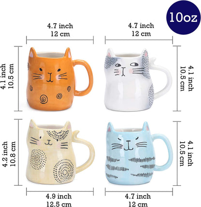 Bico Cartoon Cat Coffee Mugs Set of 4, Cute Ceramic Mugs with Unique Cats Faces, Stoneware Coffee Tea Mug Gifts for Cat Lovers, Women and Men, Microwave and Dishwasher Safe (10 oz)