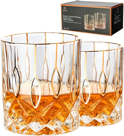 Gold Rim Whiskey Glasses Set of 2,Crystal Old Fashioned Glasses-Luxury Gold Collection,Perfect for Scotch Bourbon Rocks Cognac Vodka Gin Tequila Rum Liquor,Whiskey Gifts for Men