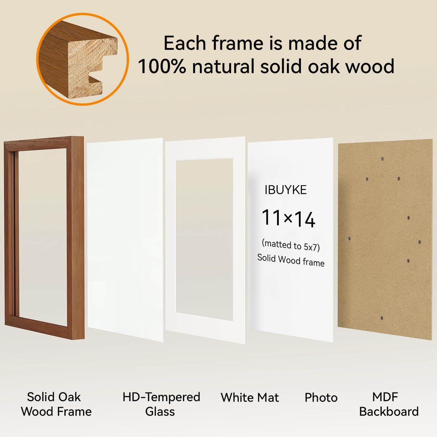IBUYKE 11 x14 Picture Frame,Solid Oak Wood 11x14 Photo Frame with Mat to 8x10,11x14 Picture Frames With Tempered Glass,Wall Mount Display,Home Decor,Walnut Oak 14 x 11 Frame,UWPF1114H