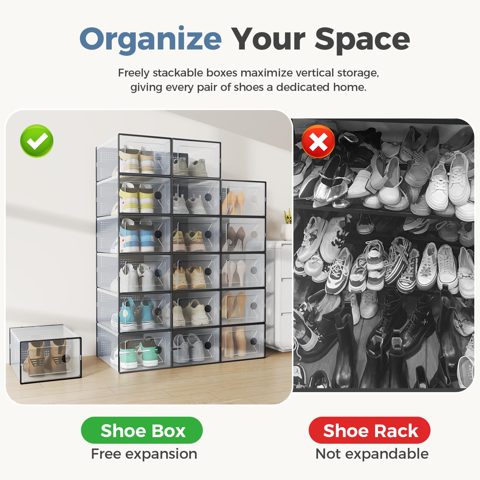 DUMOS Shoe Storage Boxes, 15-Pack Stackable Clear Shoe Containers with Lids, Display Sneaker Case