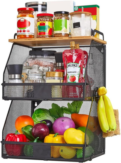 2 Tier Stackable Hanging fruit basket for kitchen counter,hanging Wall baskets with Bamboo Tops & Tag,Wire basket for Cabinet Shelf Countertop Pantry Organizer Bins, onion potato Vegs Bread Organizing