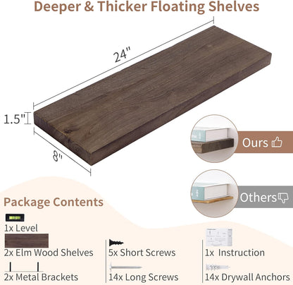 Axeman Floating Shelves for Wall, 24''W x 8'' D Rustic Solid Elm Wood Shelves for Storage, Wall Mounted Display Shelving with Invisible Heavy-Duty Metal Bracket (Walnut, 2PCs)