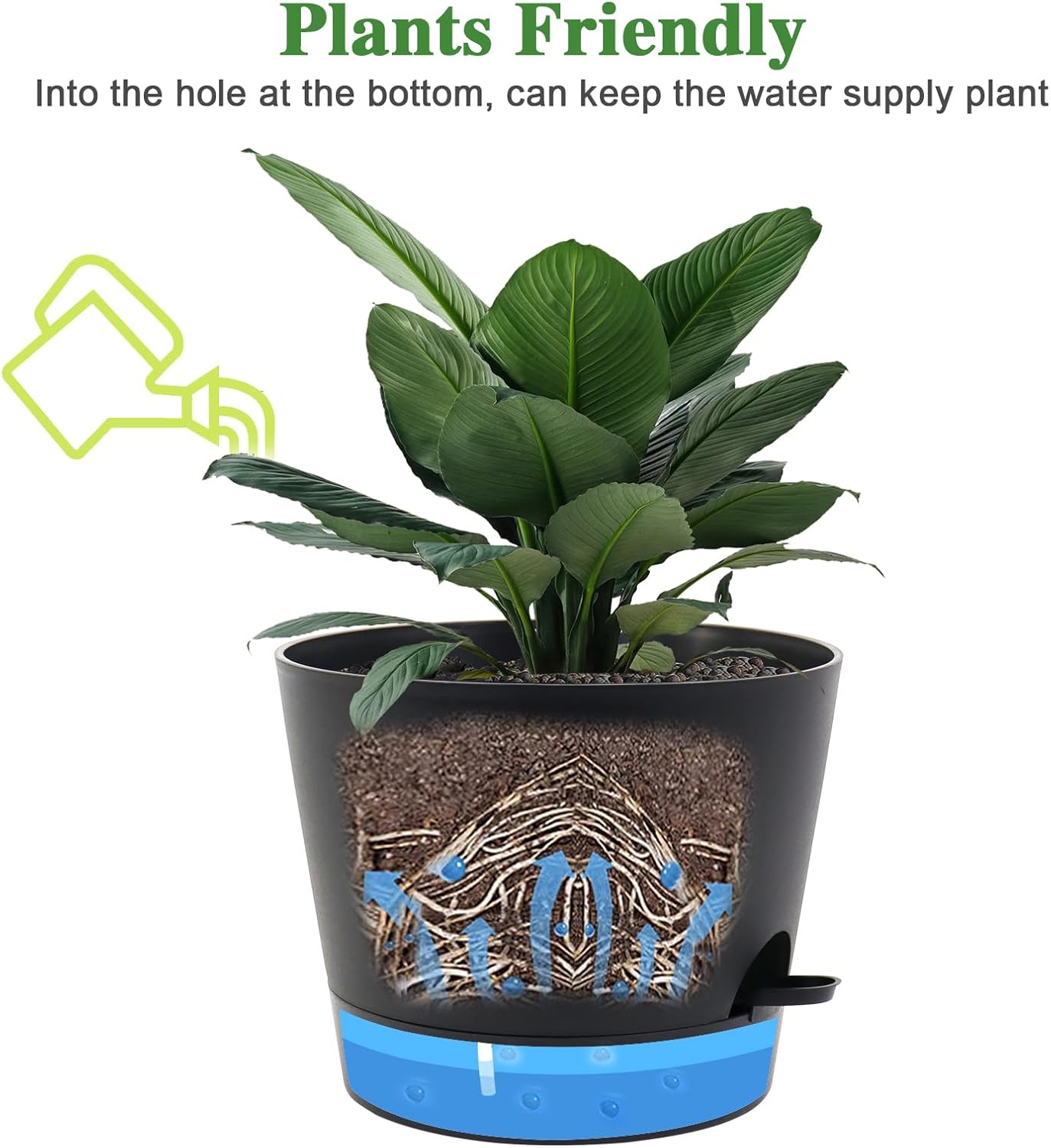 Self Watering Pots for Indoor Plants,12 inch Planters with Drainage Holes Plastic Flower Pots with Deep Reservoir, Black