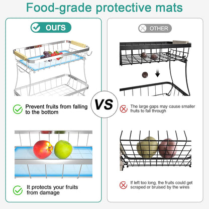 3 Tier Fruit Basket for Kitchen Counter with 2 Mobile Banana Hangers, 2025 Pro Detachable Metal Fruit Bowl with Wooden Handle, Fruit Holder for Bread Snack Veggies, Silvery