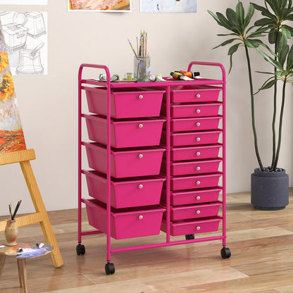 COSTWAY 15 Drawer Rolling Storage Cart, Mobile Utility Cart with Lockable Wheels, Drawers
