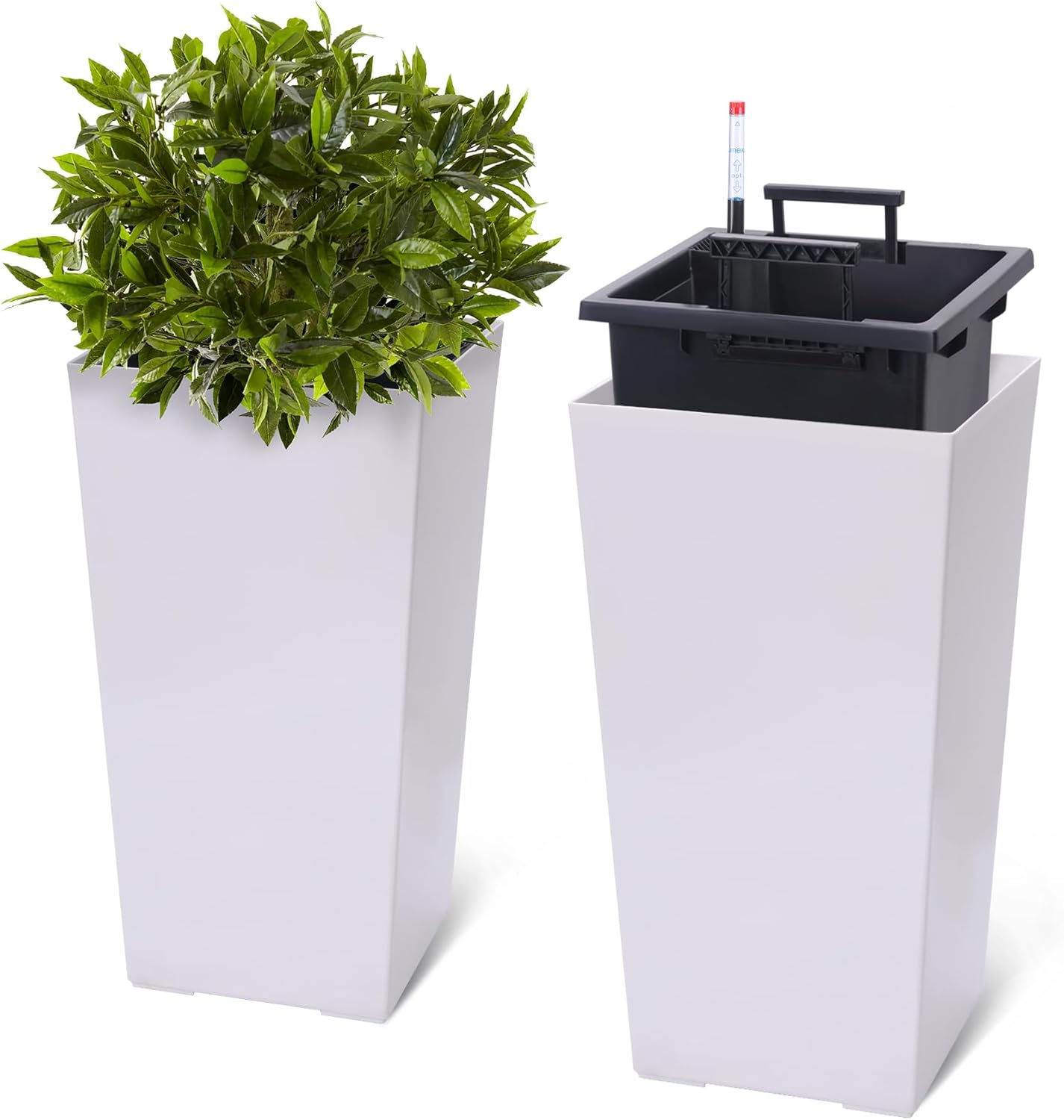 22.5" Tall Planters Set of 2, Outdoor＆Indoor Black Planter Pots, High Front Porch Planter Pots with Drainage Holes＆Water Level Monitor＆Inner Bucket, Automatic Watering, White