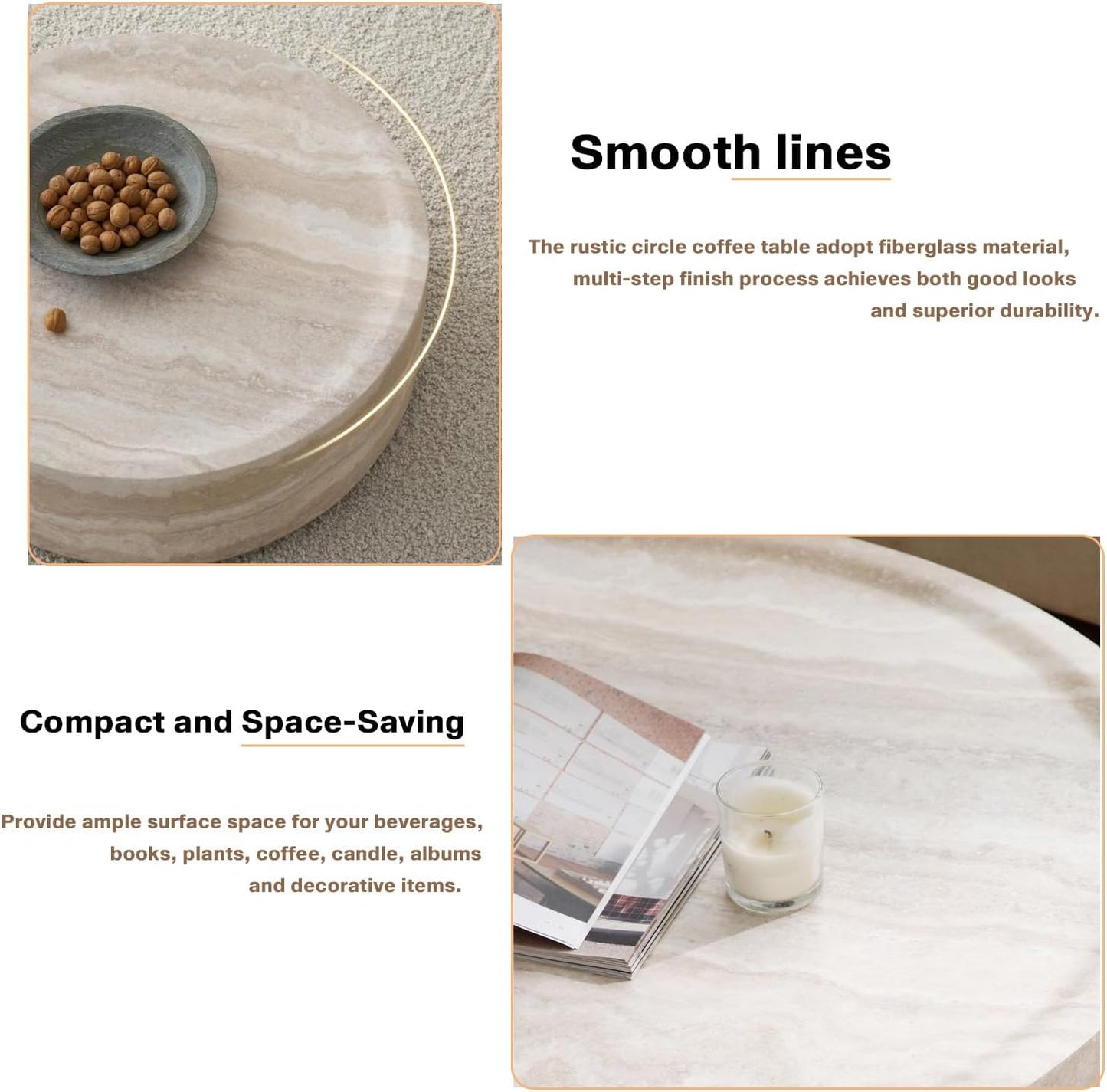 Faux Marble Coffee Table, Modern Round Coffee Table for Living Room, Circle Drum Coffee Side Tables, Fiberglass Center End Table for Small Place Apartment Office (35.43" Marble)