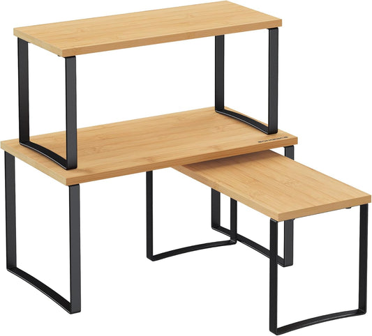 SONGMICS Cabinet Organizer Shelf, Set of 3 Kitchen Counter Shelves, Kitchen Storage, Spice Rack, Stackable, Expandable, Ink Black and Natural Beige UKCS014B01