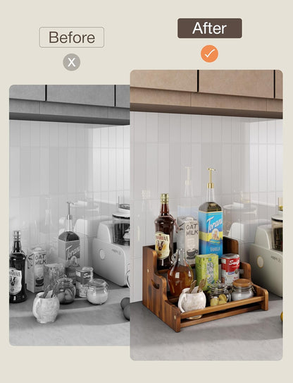 Tinamo Acacia Wood Liquor Bottle Display Shelf – 3-Tier Countertop Wine Rack, Bar Shelf – Whiskey Bar Stand for Home, Bottle Organizer for Countertop, Man Cave Decor – Wine Holder with Handles