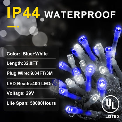 KNONEW Christmas Lights Outdoor Decorations 400 LED 33ft Curtain Fairy String Light with 75 Drops(Blue and White)