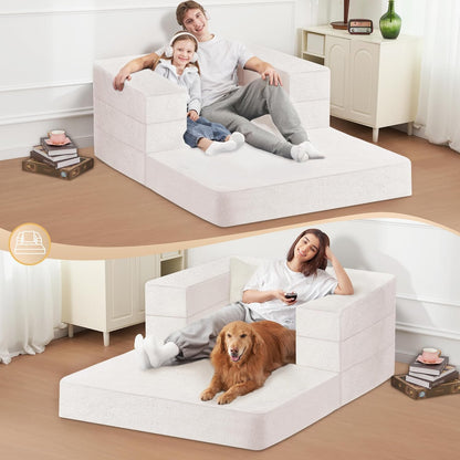 Folding Bean Bag Chair for Adults,3-in-1 Bean Bag Couch Faux Fur Floor Sofa Large Beanbag Convertible Bean Bag Sofa Bed with Pillow in Bedroom,Living Room,Apartment(Twin,Milky White)