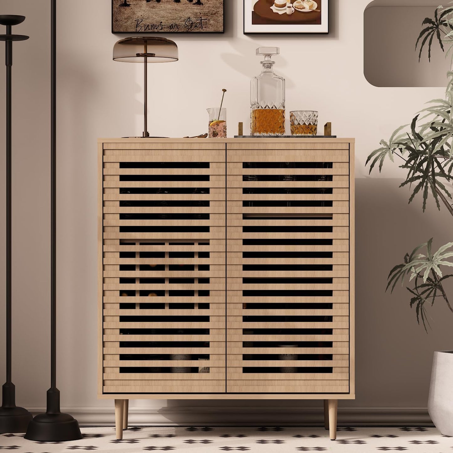 Mid Century Bar Cabinet with Wine Racks, Modern Liquor Cabinet with Slatted Doors for Dining Room, Living Room (Natural Color)