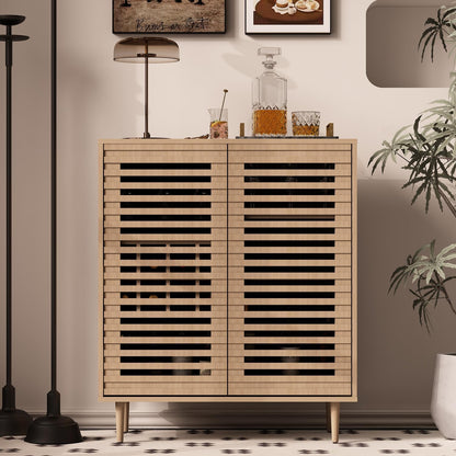 Mid Century Bar Cabinet with Wine Racks, Modern Liquor Cabinet with Slatted Doors for Dining Room, Living Room (Natural Color)