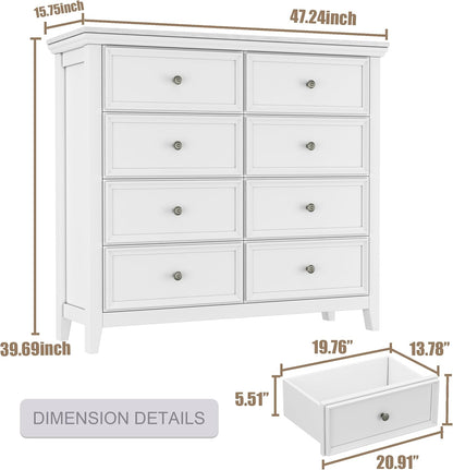 BLANKSPACE White 8 Drawer Dresser, Modern Dresser for Bedroom, Wood Drawer Organizer with Metal Knobs, Large Capacity Cabinet for Bedroom, Hallway