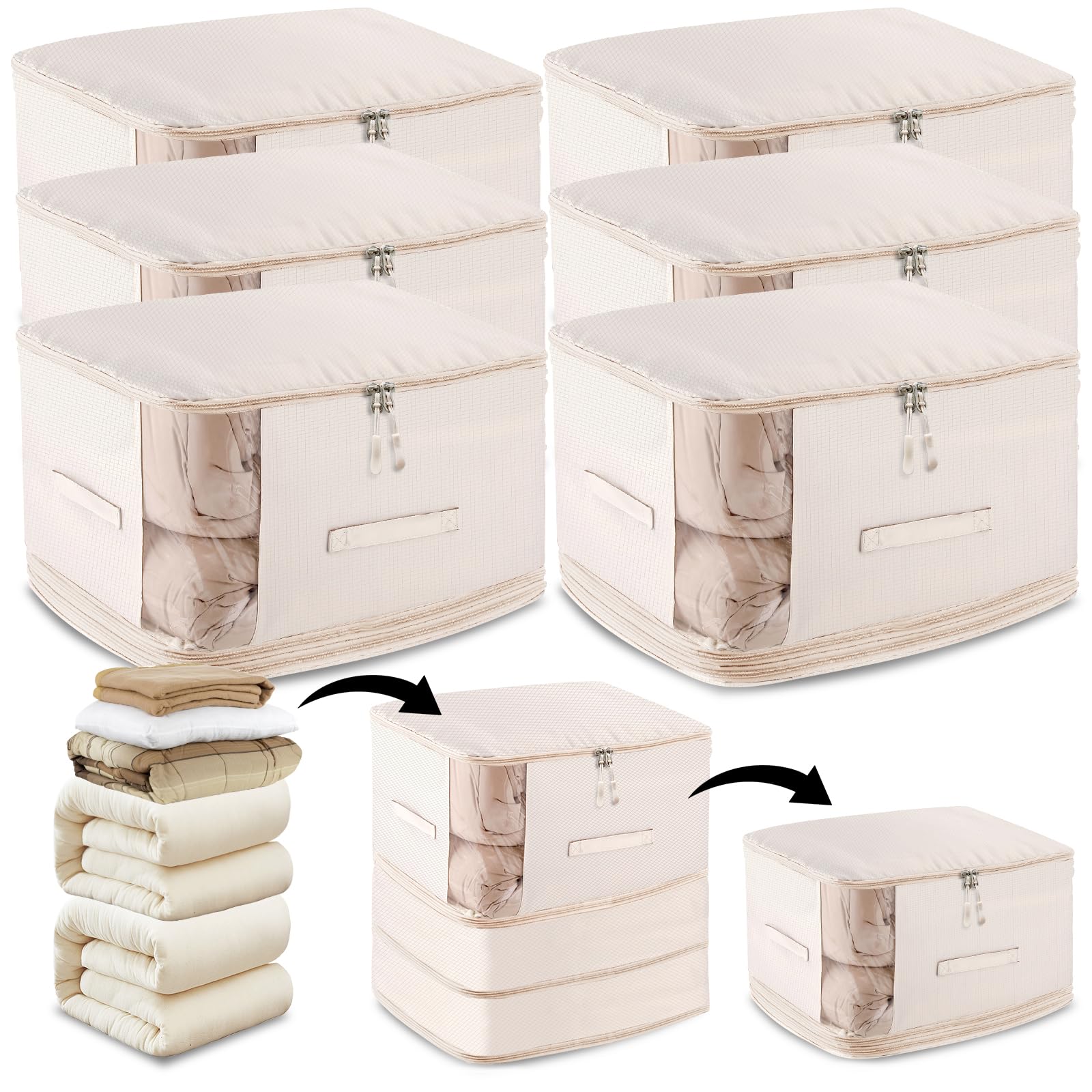 6 Pack Space Saving Comforter Storage Bag with Handle, 3-Layer Compression Blanket Storage Bags