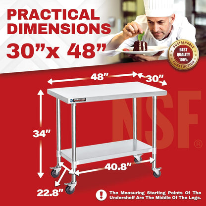 DuraSteel 30x48 NSF Stainless Steel Cart - Heavy Duty Food Prep Table with Undershelf - Rolling Kitchen Island on Wheels for Commercial Restaurant Kitchen, Garage, Outdoor Cooking, BBQ Grill, Counter