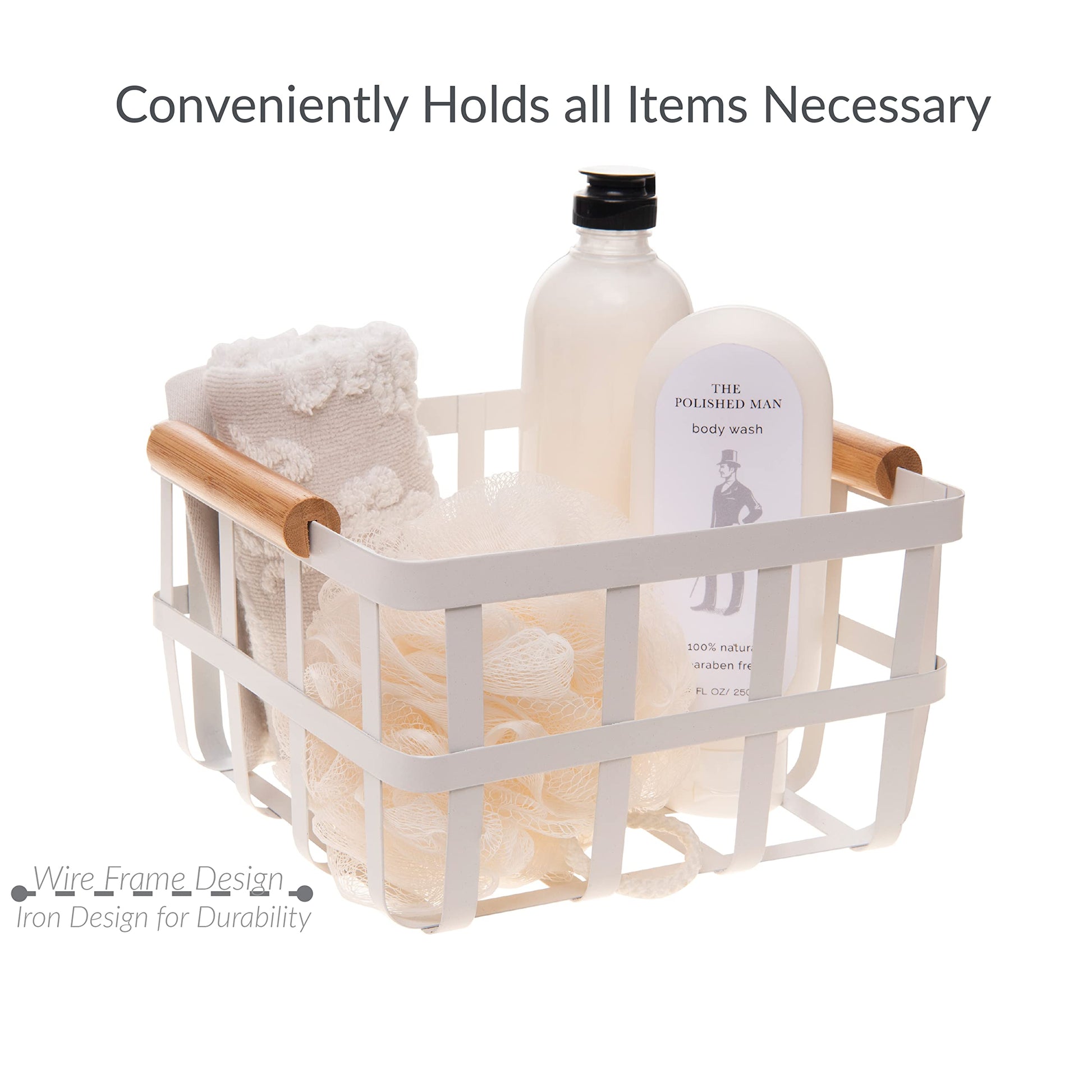 Simplify Square Metal Storage Basket with Bamboo Handles | Medium | Farmhouse Style Wire Basket |