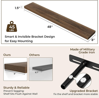 RICHFOCUS 48Inch Floating Shelves for Wall 1 Pack Shelves for Bedroom|Kitchen|Bathroom Wall Mounted Rustic Wood Floating Shelf with Invisible Brackets for Books|Storage|Decor, Walnut