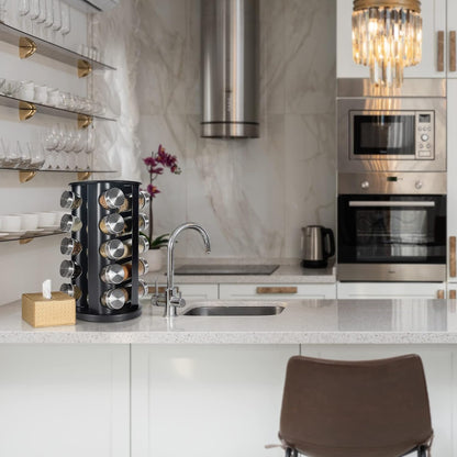 Black Countertop Revolving Spice Rack, Empty 20-Jars Rotating Spice Rack Organizer, Round Carousel Tower, 135 Spice Labels with Funnel Complete Set, for Kitchen Countertop, Cabinet