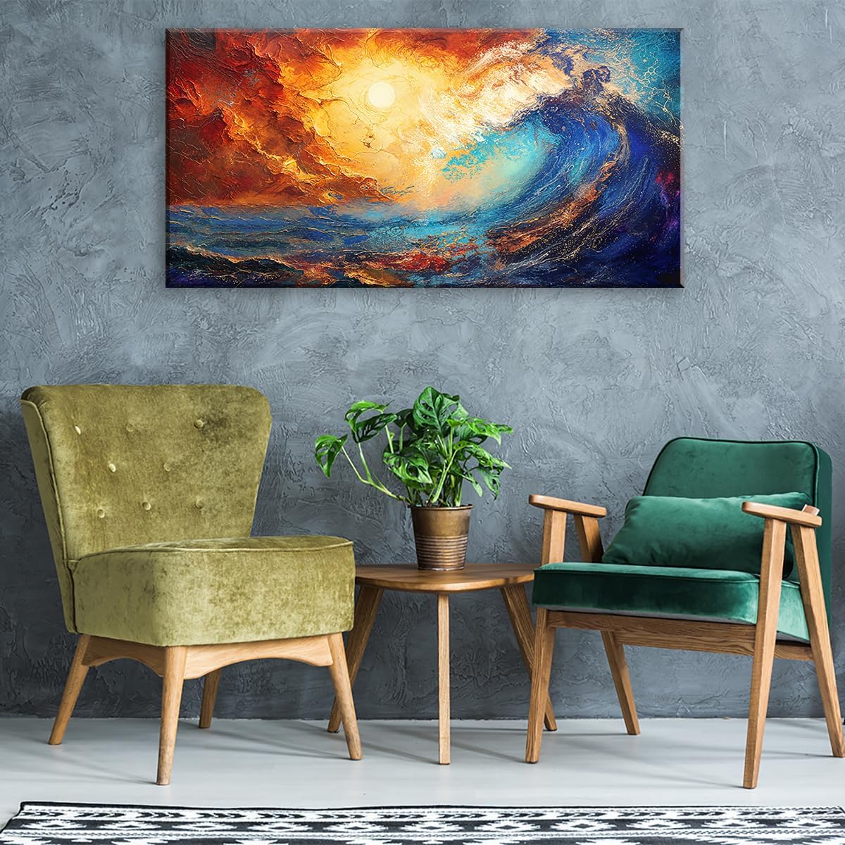 LASMOND Abstract Ocean Wall Art for Living Room Beautiful Blue Sea Wave Seawater Colorful Sky Landscape Wall Art Decor Artwork Bedroom Office (58x28 Inches)