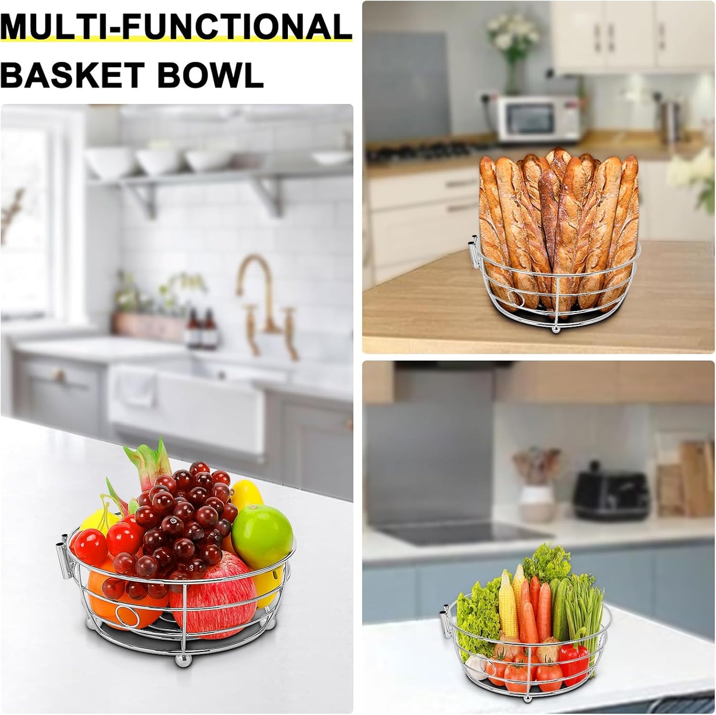 Livabber Countertop Fruit Basket Bowl with Banana Hanger, Modern Standing Fruit Vegetable Bowl Storage, with Banana Tree Holder for Kitchen Dinning Table (Round Metal, Chrome)