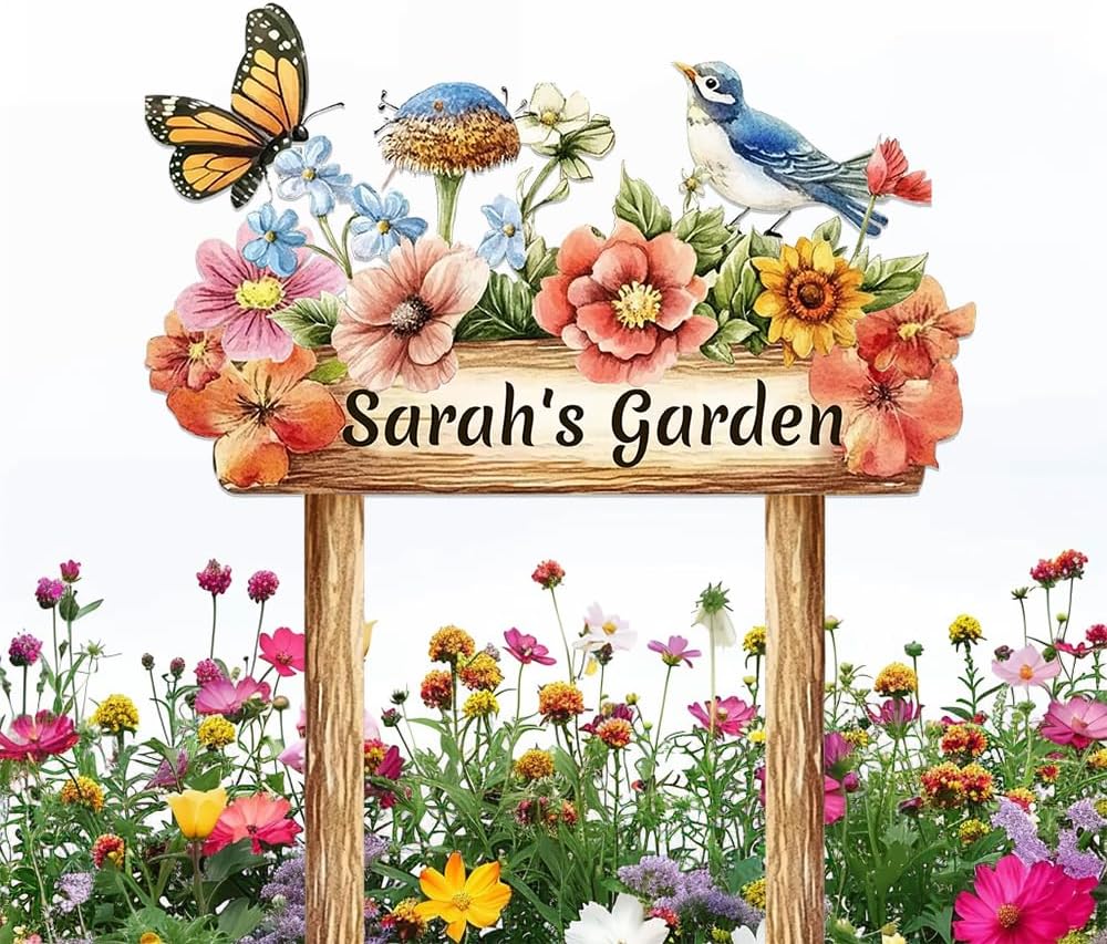 Personalized Colorful Bird Metal Sign with Stake,Custom Gardener Last Name Signs Outdoor Decorate,Customized Garden Accessories Decor for Mom,Butterfly Flowers Plaques for Patio Lawn Porch Backyard