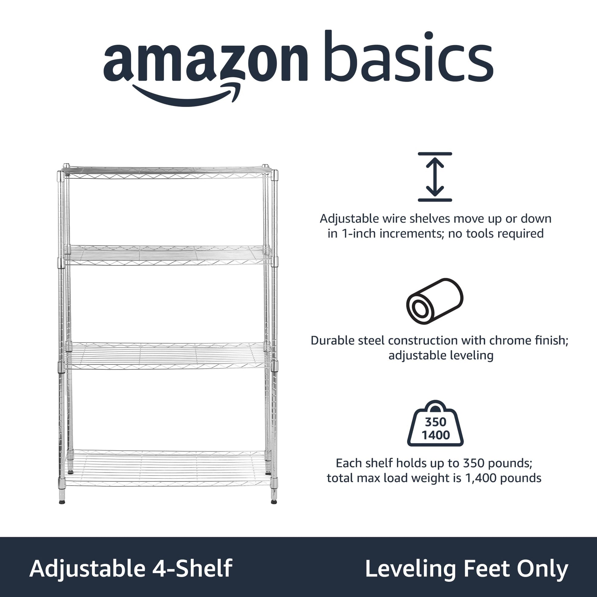 Amazon Basics 4-Shelf Adjustable Heavy Duty Steel Wire Rack Storage Shelving Unit for Kitchen
