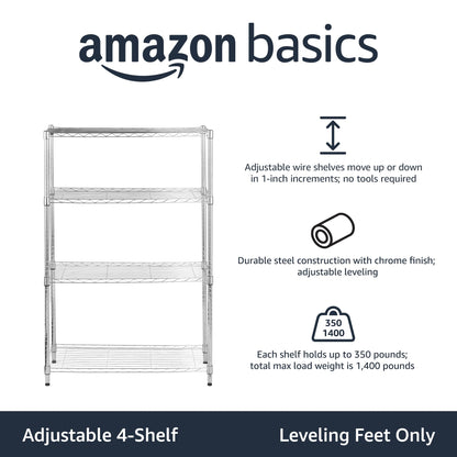 Amazon Basics 4-Shelf Adjustable Heavy Duty Steel Wire Rack Storage Shelving Unit for Kitchen