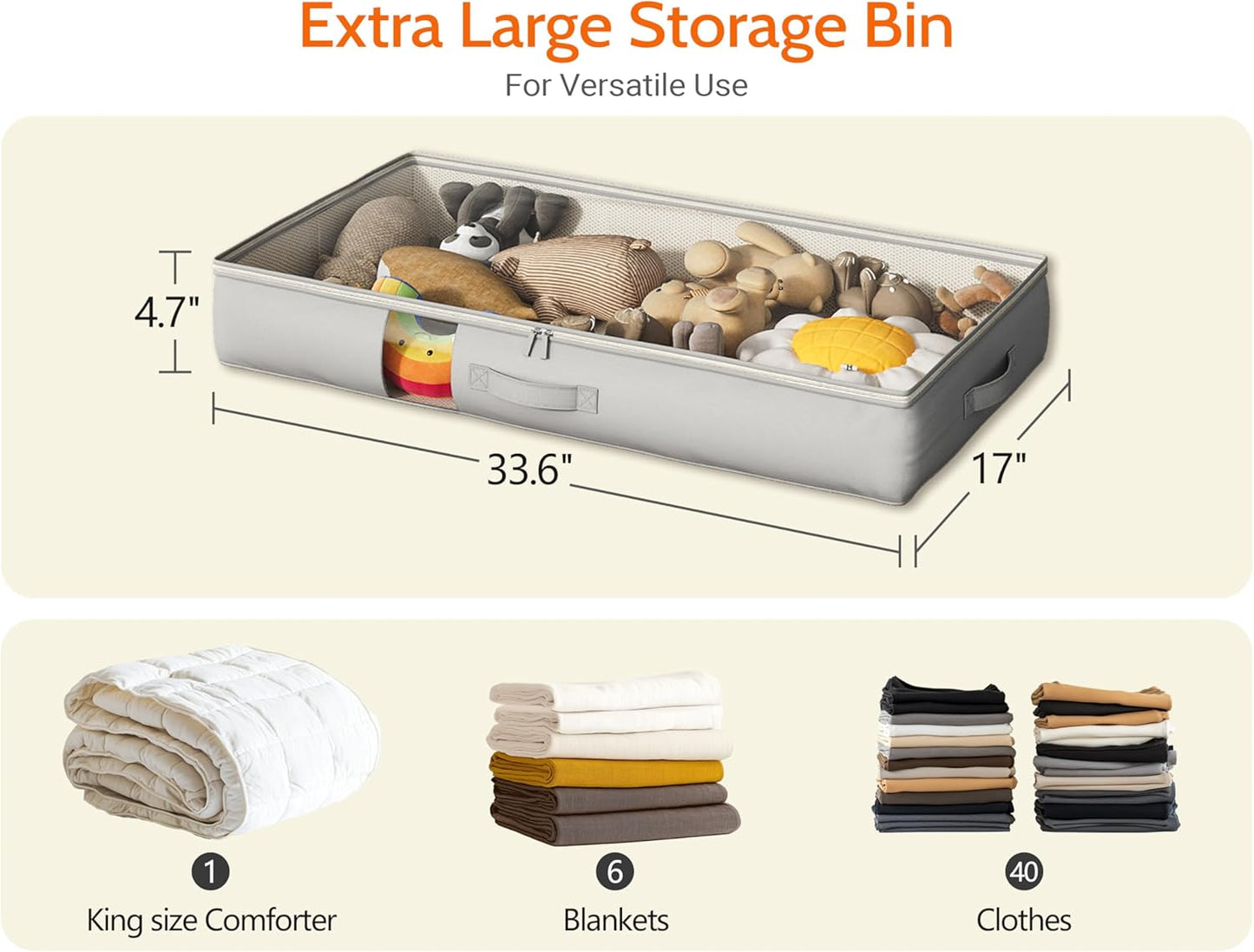 Under Bed Storage Containers with Window, Closet Organizers and Storage Bags, Foldable Underbed Storage Bags for Blankets, Clothing, Comforter, Linen Sheets, Wrapping Paper, 3 Pack, Grey