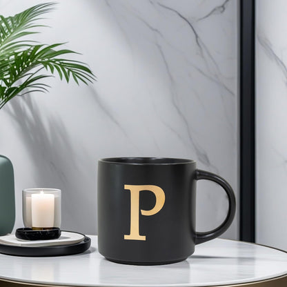 COLLECTIVE HOME - Monogram Ceramic Mugs, 15 oz Golden Initial Black Coffee Cups, Elegant Alphabet Tea Mugs, Elegant Personalized Mug with Gift Box, Unique Mug with Double Side Capital Lette (P)