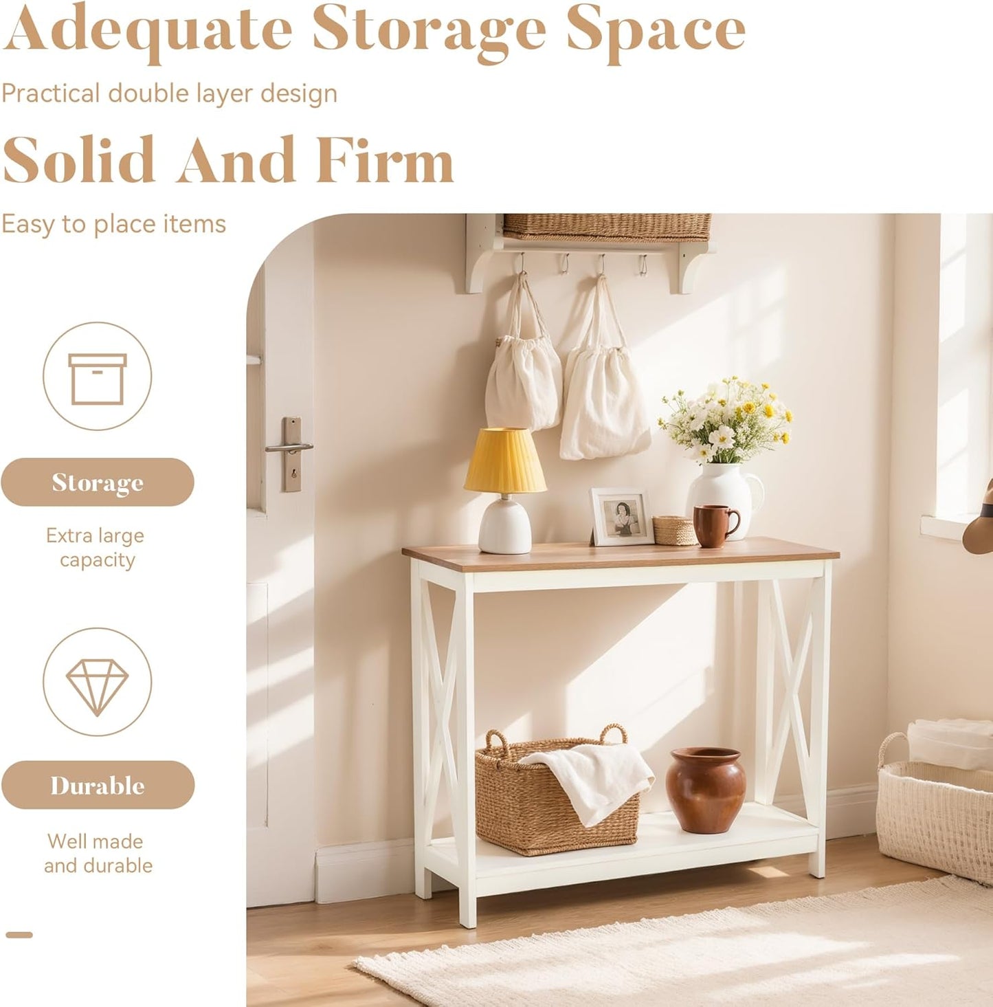 ALPHA HOME Console Table for Entryway, 2 Tier Storage Shelf Farmhouse Entryway Table, X-Shaped Design Narrow Sofa Table for Hallway, Living Room, Ivory