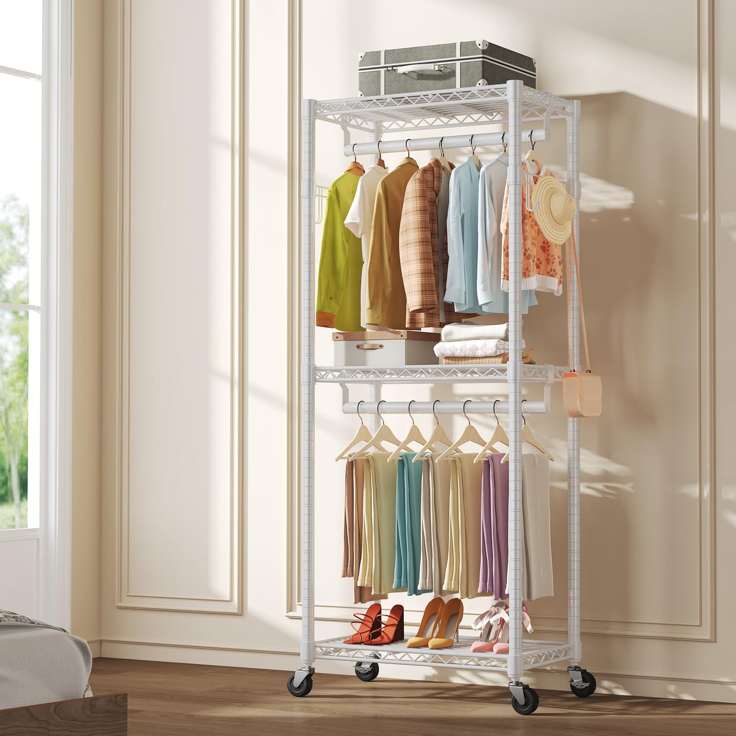 OLIXIS Clothes Rack Heavy Duty Adjustable Garment Clothing Rack with Wheels, Rolling Metal